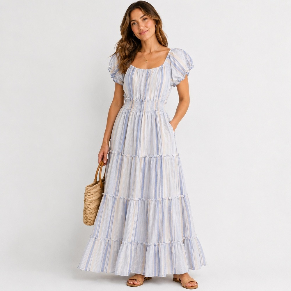 Cotton Coastal Boho Tiered Maxi Dress Blue White‎ Stripe Medium Falling Flower